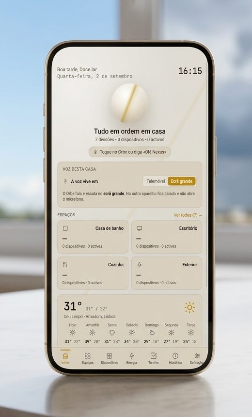 Telemóvel com o resumo da casa no OperGama OS: espaços, dispositivos activos, energia e previsão do tempo.